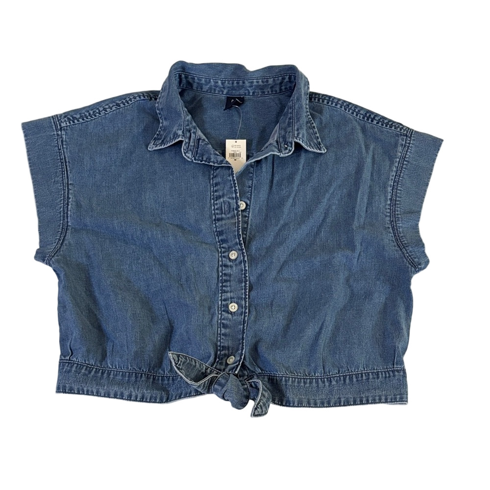 Gap Chambray Denim Cropped Short Sleeve Top Blue Sz M